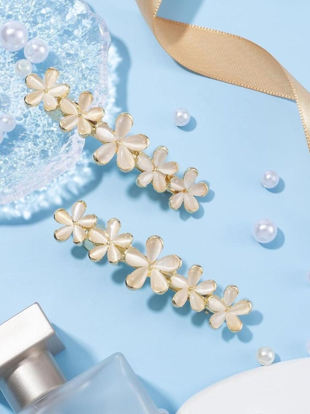 2 Pcs Pearl Flower Hair Barrettes Set